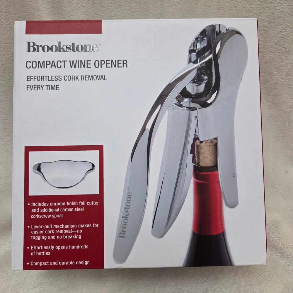 Brookstone Compact Wine Opener Lever Pull Chrome Foil Cutter Extra Spiral NEW